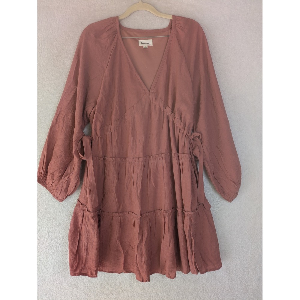 &merci Mini Dress Women's Large Mauve Tiered V-Neck Side Tie Long Sleeve Boho